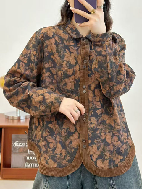 Women Autumn Flower Corduroy Spliced Button-up Shirt