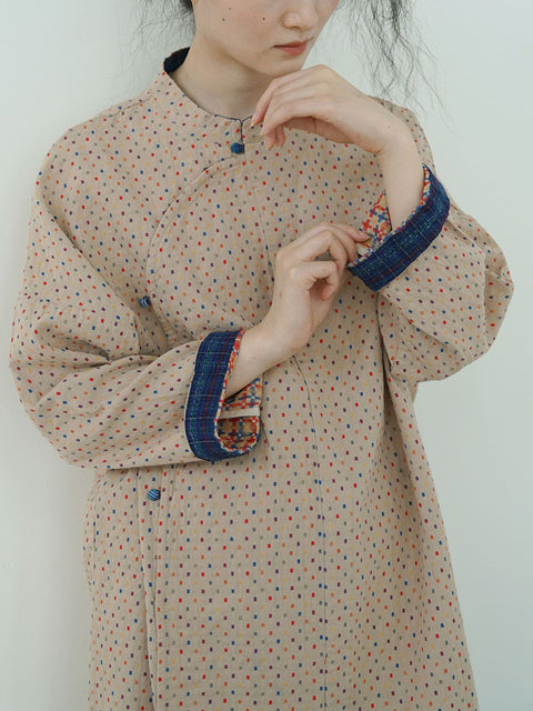 Women Vintage Autumn Dot Irregular Spliced Cotton Robe Dress