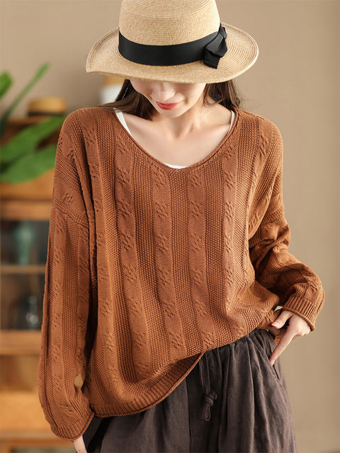 Women Artsy Autumn Cotton V-Neck Knit Sweater