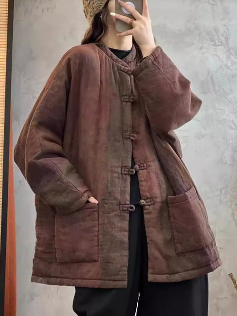 Women Autumn Vintage Flower Cotton Linen O-Neck Coat