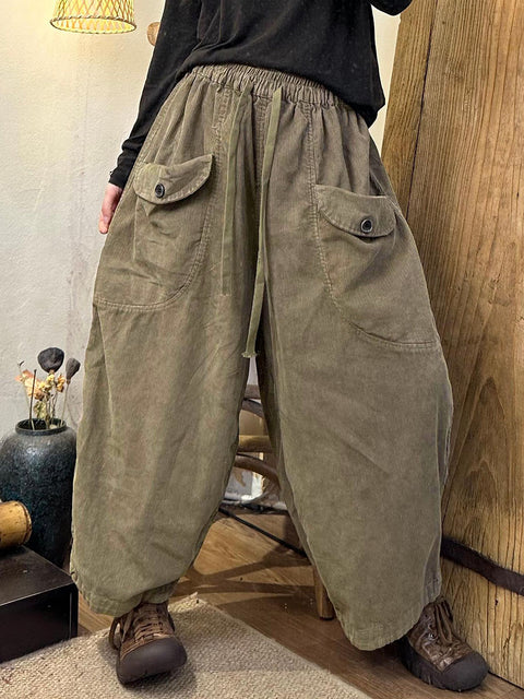 Plus Size Women Autumn Retro Corduroy Pocket Harem Pants