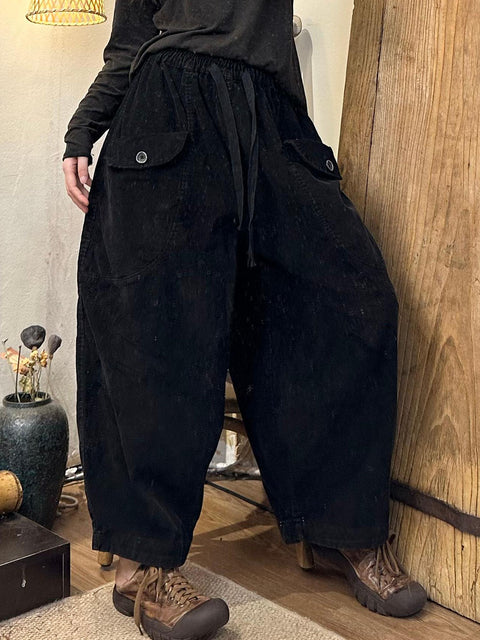 Plus Size Women Autumn Retro Corduroy Pocket Harem Pants