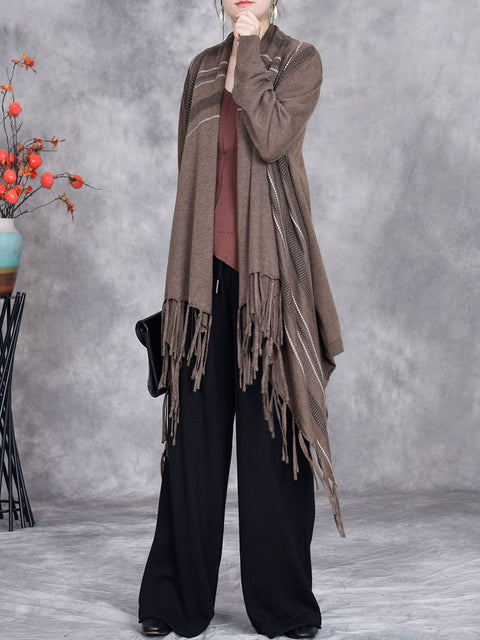 Women Autumn Artsy Stripe Knitted Tassel Cardigan Coat