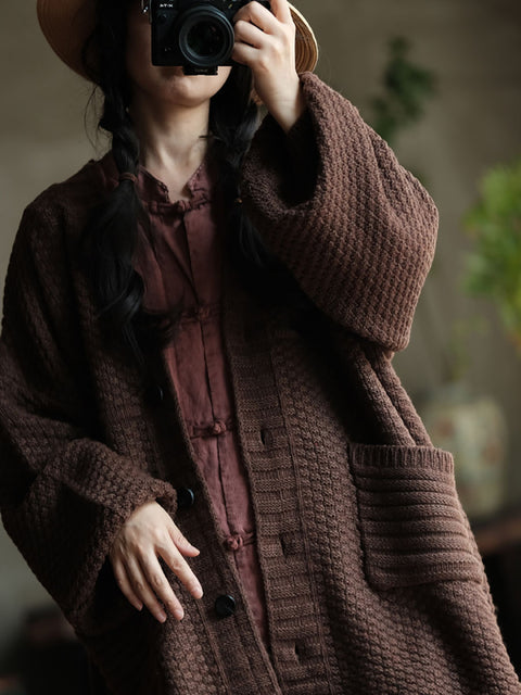 Women Autumn Casual Knit V-Neck Loose Cardigan Sweater