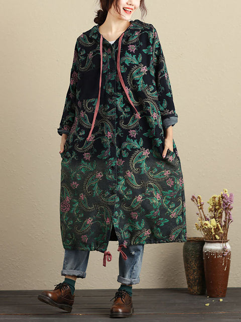 Women Autumn Vintage Flower Hooded Pocket Cotton Coat