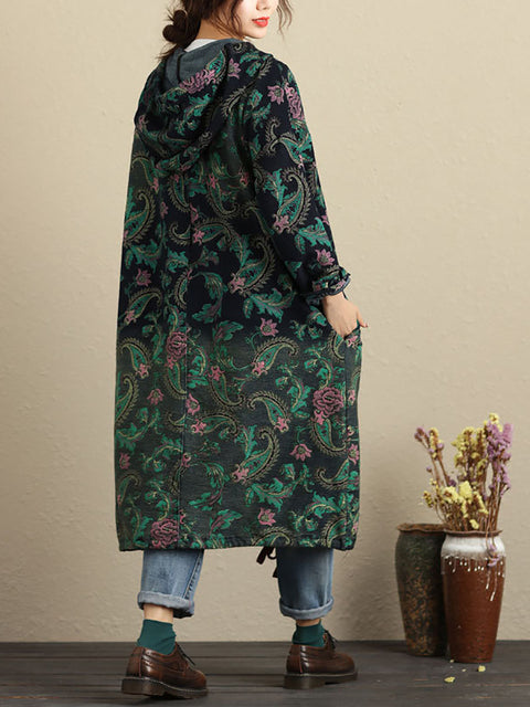 Women Autumn Vintage Flower Hooded Pocket Cotton Coat