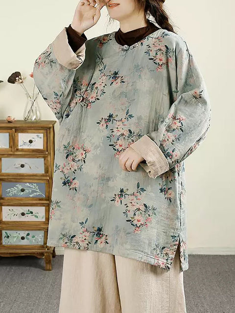 Women Ethnic Autumn Flower O-Neck Cotton Blouse