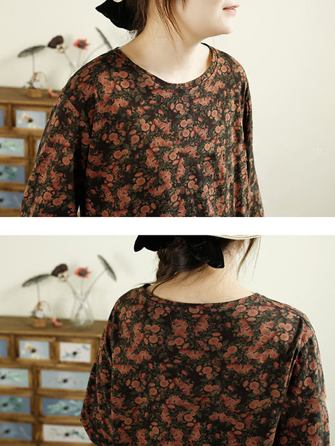 Women Autumn Flower O-Neck Cotton Blouse