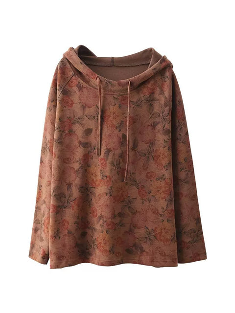 Women Autumn Vintage Flower Hooded Cotton Sweatshirt