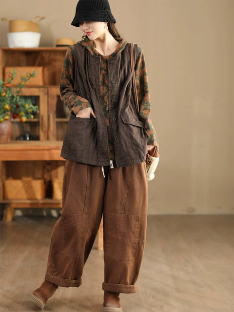 Women Retro Solid O-Neck Linen Vest Coat