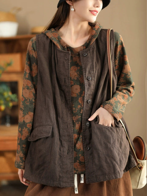 Women Retro Solid O-Neck Linen Vest Coat