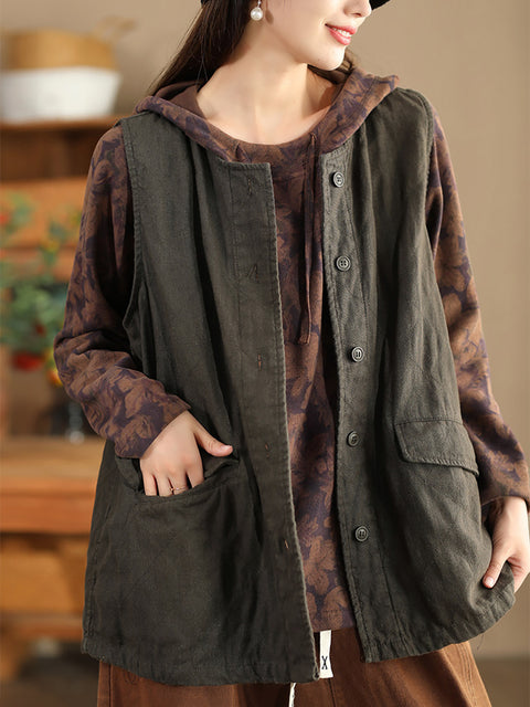 Women Retro Solid O-Neck Cotton Vest Coat