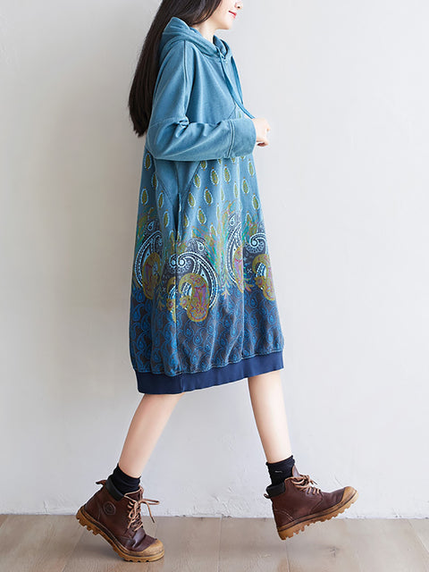 Women Ethnic Autumn Print Hooded Cotton Dress