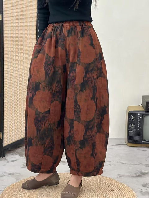 Women Autumn Retro Flower Spliced Loose Harem Pants