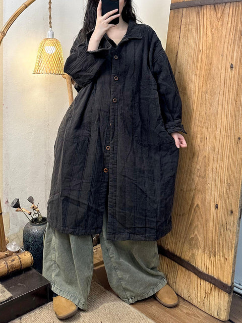 Women Autumn Retro Solid Turn-down Collar Linen Coat