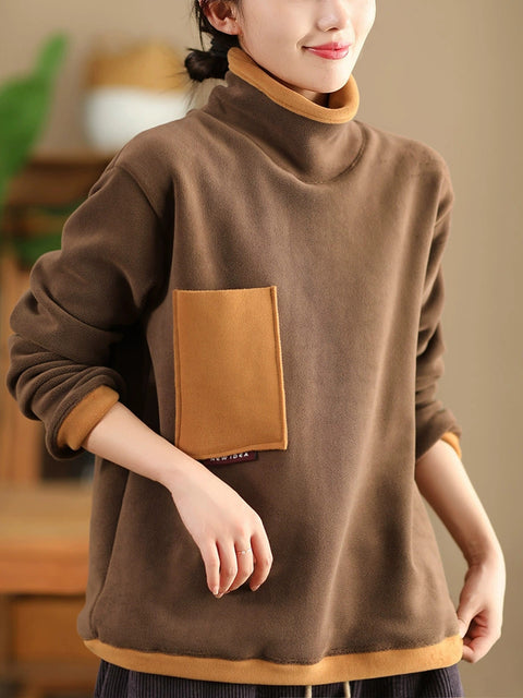 Women Autumn Retro Colorblock Turtleneck Cotton Sweatshirt