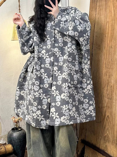 Women Autumn Vintage Flower Stand Collar Cotton Coat