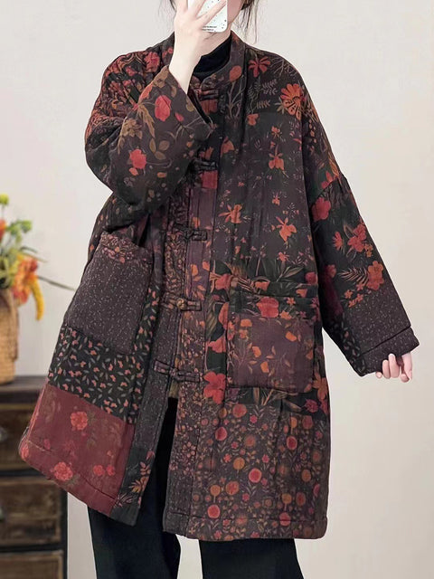 Women Autumn Vintage Stand Collar Patchwork Cotton Coat