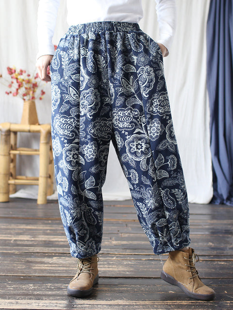 Women Ethnic Autumn Flower Spliced Cotton Harem Pants