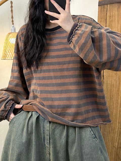 Women Casual Autumn Stripe Lantern Sleeve O-Neck Blouse