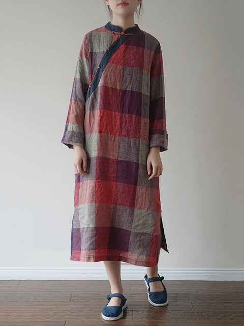 Women Vintage Autumn Plaid Slant Clouse Linen Robe Dress