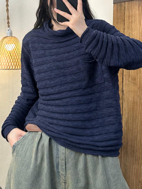 Women Vintage Autumn Solid Stripe Turleneck Knit Sweater