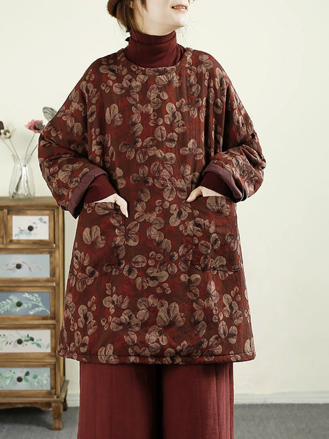 Women Autumn Vintage Flower O-Neck Linen Padded Coat