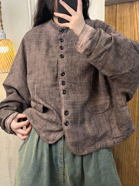 Women Autumn Retro Linen O-Neck Shirt Coat