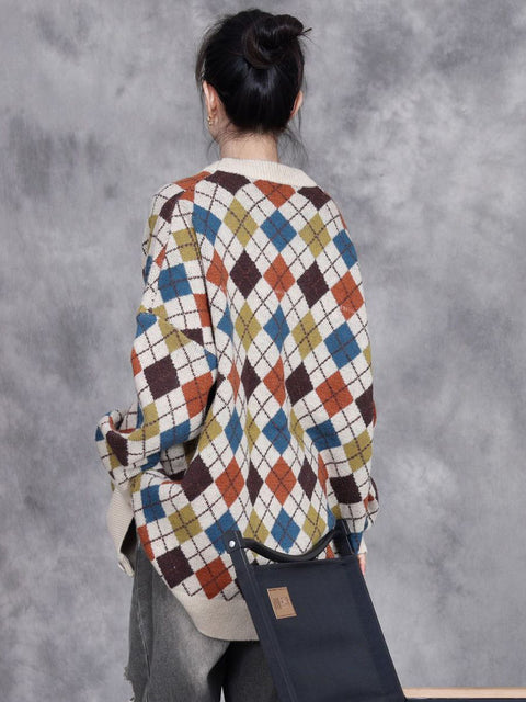 Women Autumn Artsy Rhomboids Cardigan Sweater Coat