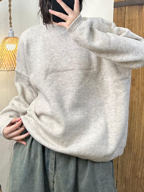 Women Vintage Autumn Solid O-Neck Knit Sweater