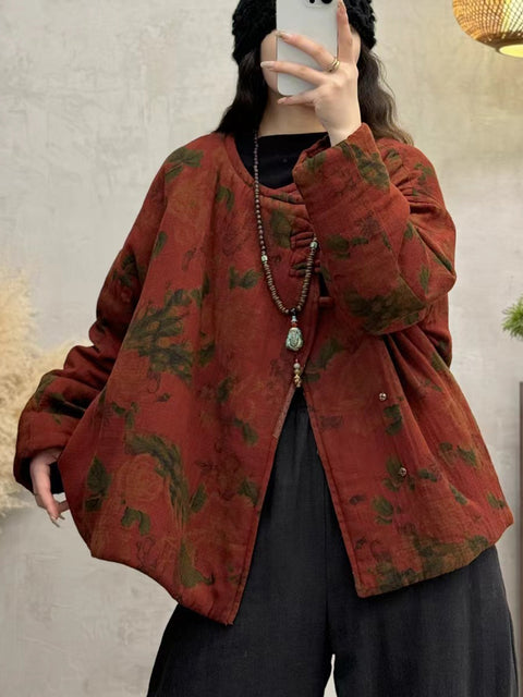 Women Autumn Vintage O-Neck Flower Cotton Coat