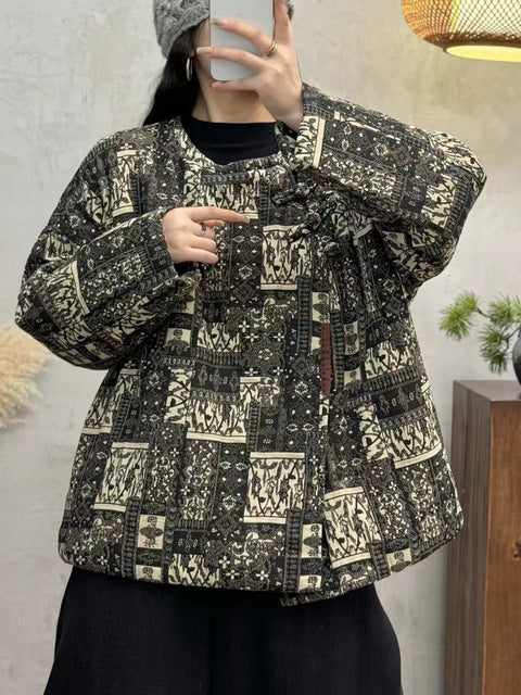 Women Autumn Vintage O-Neck Flower Cotton Coat