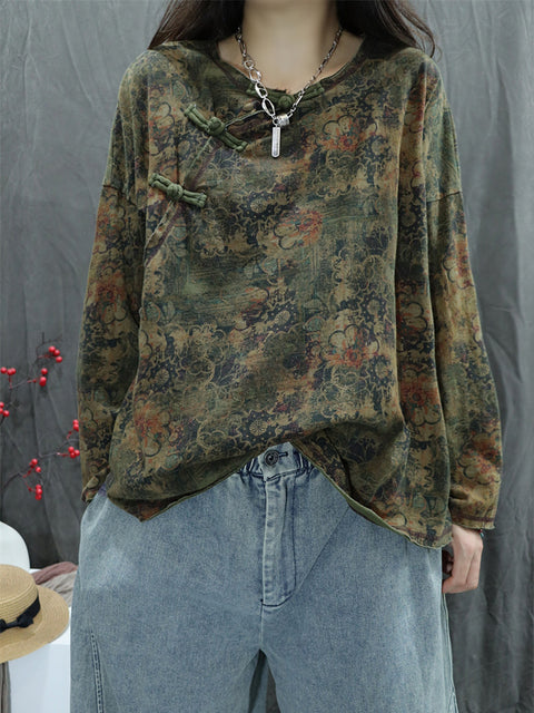 Women Autumn Vintage Flower Spliced O-Neck Sweatshirt