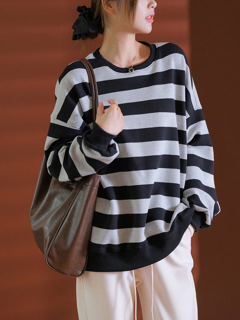 Women Autumn Casual Stripe Thick Cotton O-Neck Sweatshirt