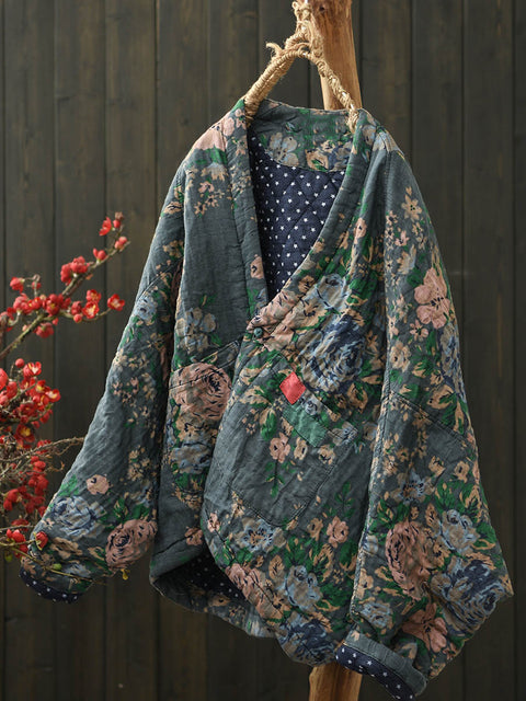 Women Autumn Ethnic Flower Short Cotton Padded Coat