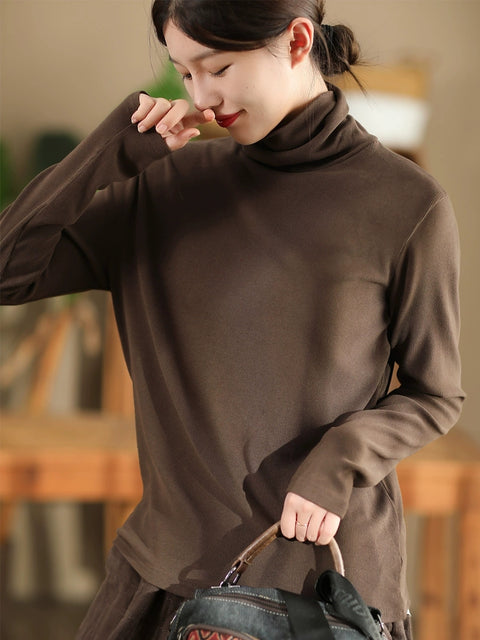 Women Casual Autumn Solid Turtleneck Botton Blouse