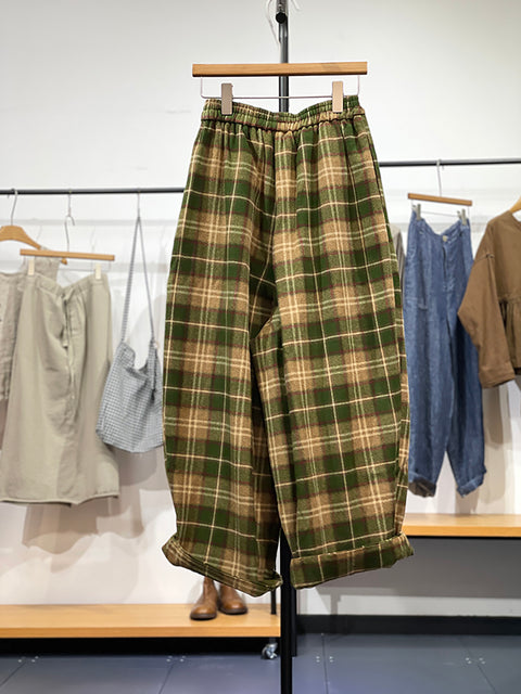 Plus Size Women Autumn Retro Plaid Loose Wide-leg Pants