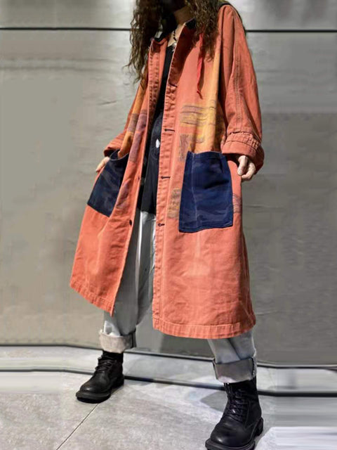 Women Autumn Artsy Colorblock Cotton Hooded Coat