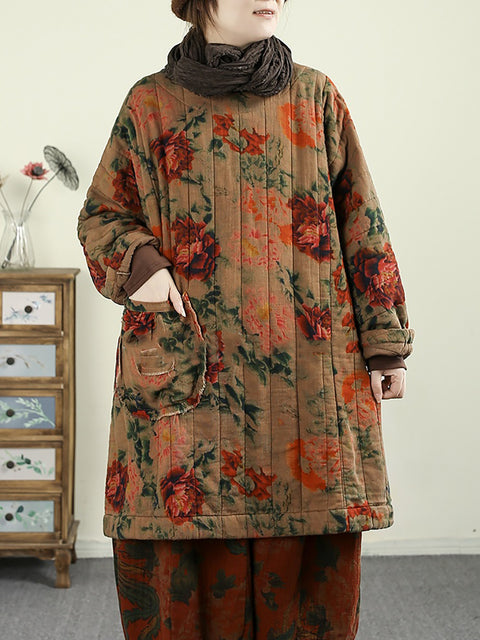 Women Autumn Vintage O-Neck Flower Cotton Padded Coat