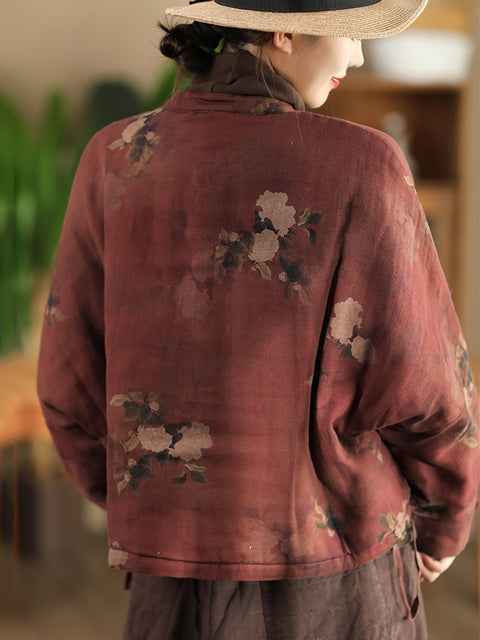 Women Autumn Ethnic Flower Short Linen Padded Coat