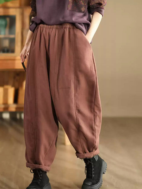 Women Winter Casual Solid Spliced Fleece-lined Harem Pants