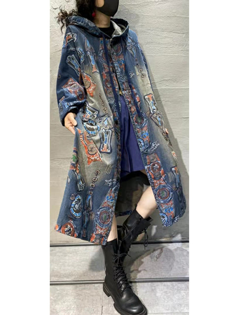 Women Autumn Vintage Flower Hooded Denim Long Coat