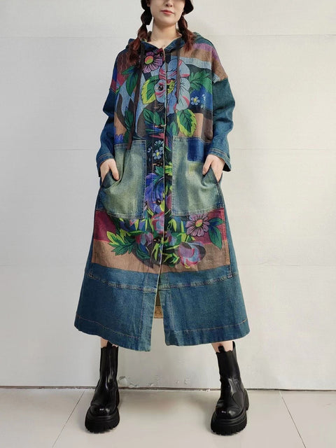 Women Autumn Vintage Flower Hooded Denim Long Coat