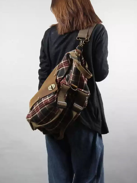 Women Vintage Plaid Leather Crossbody Bag