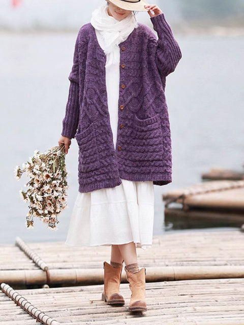 Women Autumn Artsy Solid O-neck Cable Knit Sweater Coat