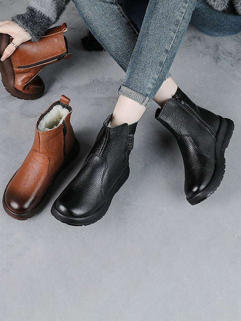 Winter Women Genuine Leather Flat Fleece-lined Ankle Boots