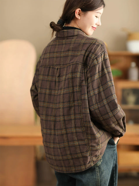 Women Vintage Autumn Plaid Cotton Turn-down Collar Shirt