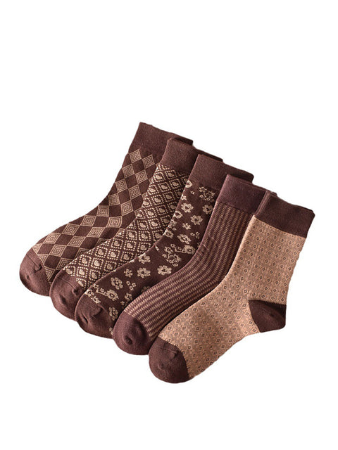 5 Pairs Women Coffee Geometric Flower Socks