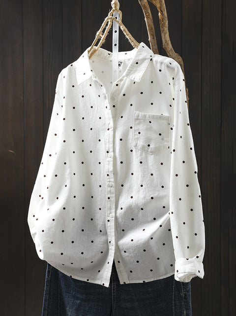 Women Vintage Autumn Dot 100%Cotton Shirt