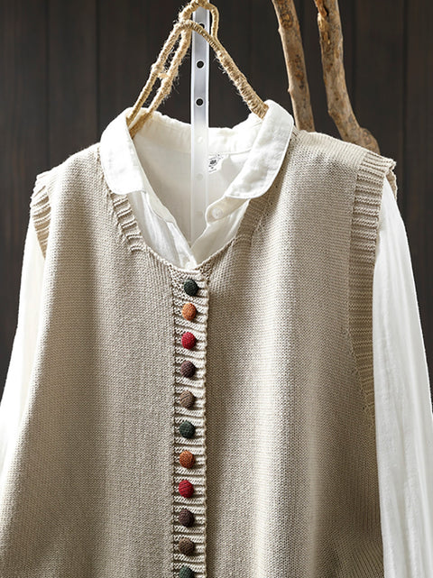 Women Casual Autumn Wool O-Neck Colorful Button Knit Vest